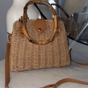 Elegant Tan Woven Satchel with Bamboo Handles